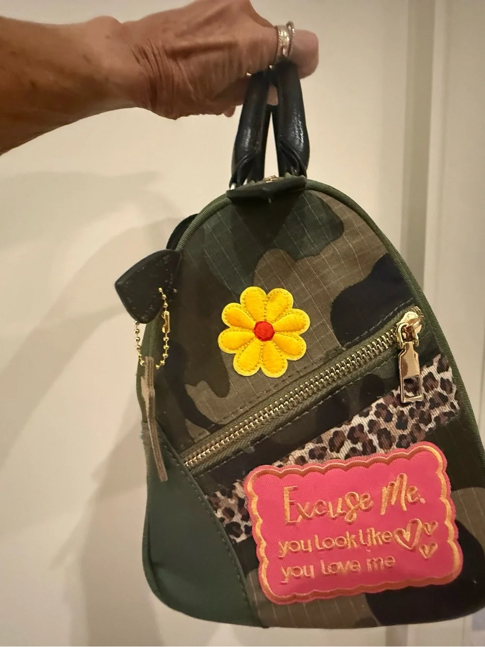 Handy Embroidered Fringe Canvas Satchel — Olive Green with Brown Accents